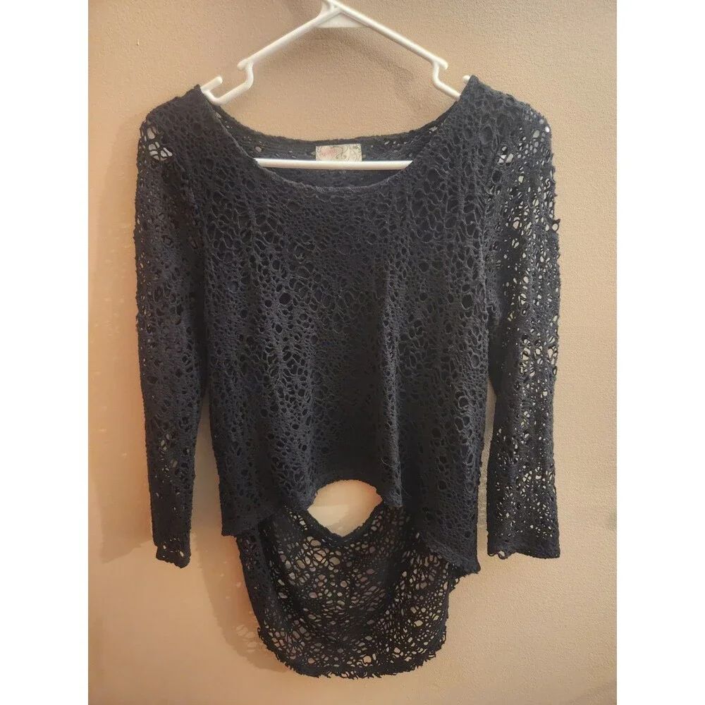 Free People Open Criss Cross Back Crochet Lace Top Blouse Black Size XS